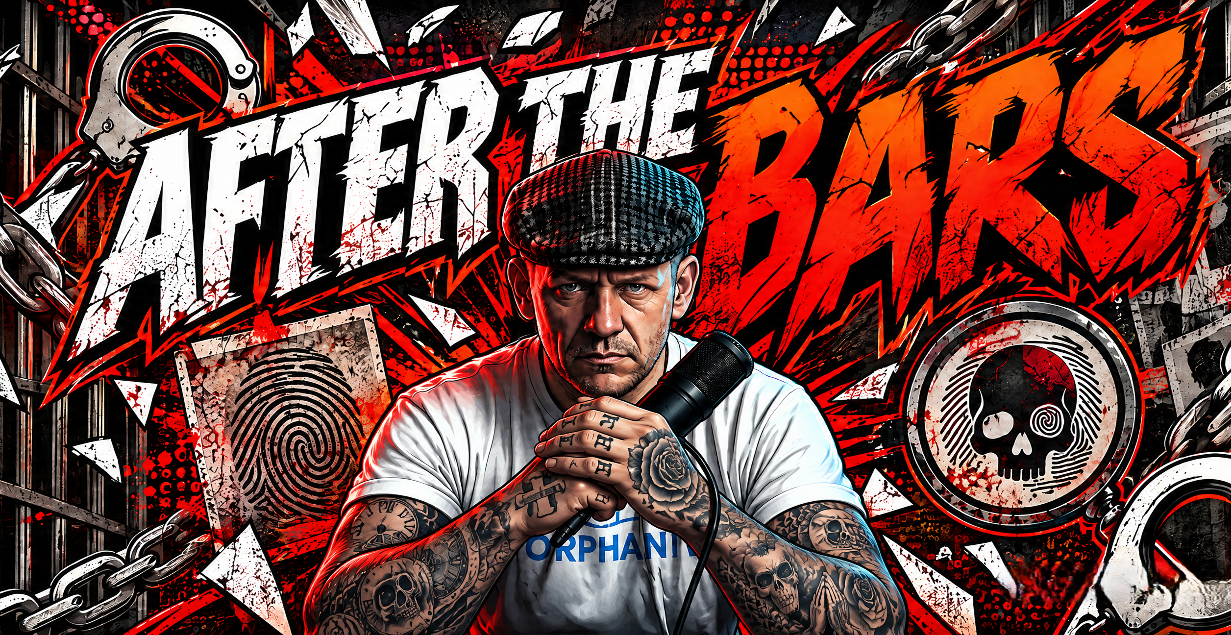 After the Bars Morning Mayhem Show artwork with chains, handcuffs and tattoo machine