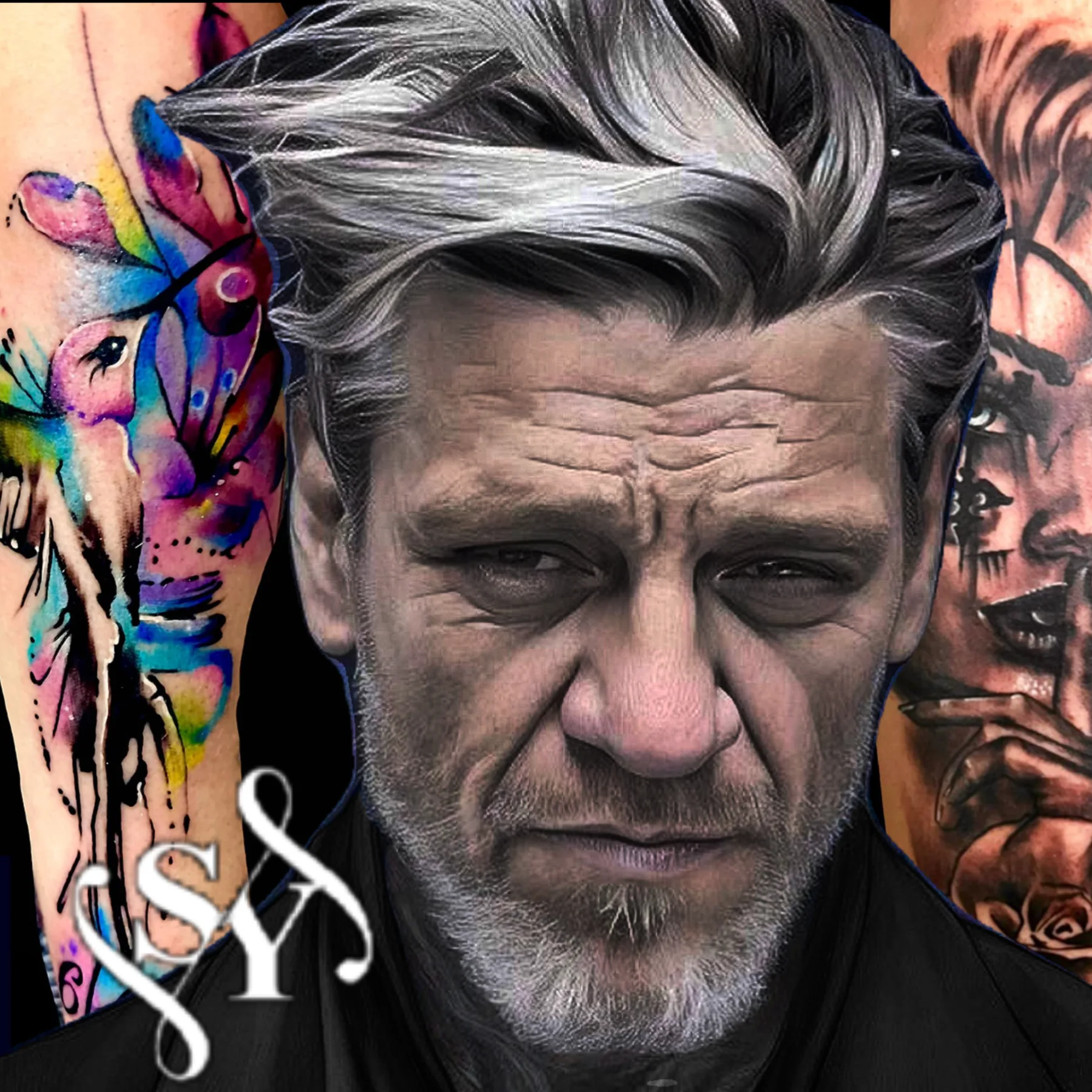 Monochrome illustrated host portrait layered with colorful tattoo art