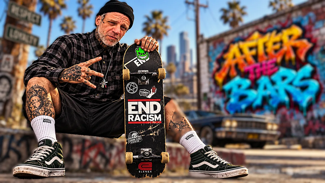 Skateboarder holding a skateboard in front of After the Bars graffiti
