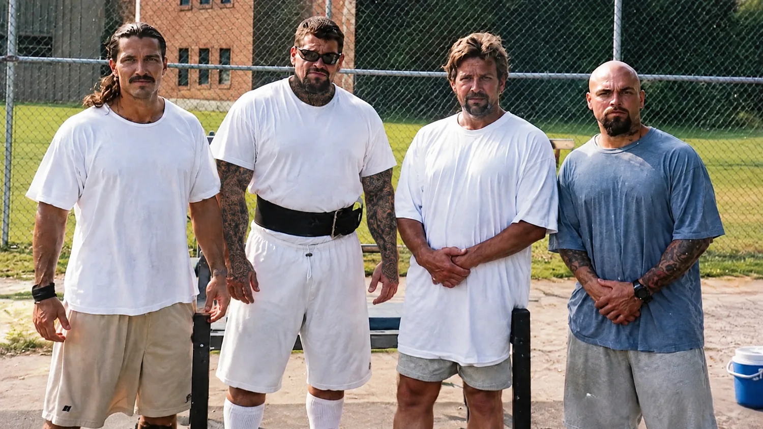 Four men standing together near a chain-link fence
