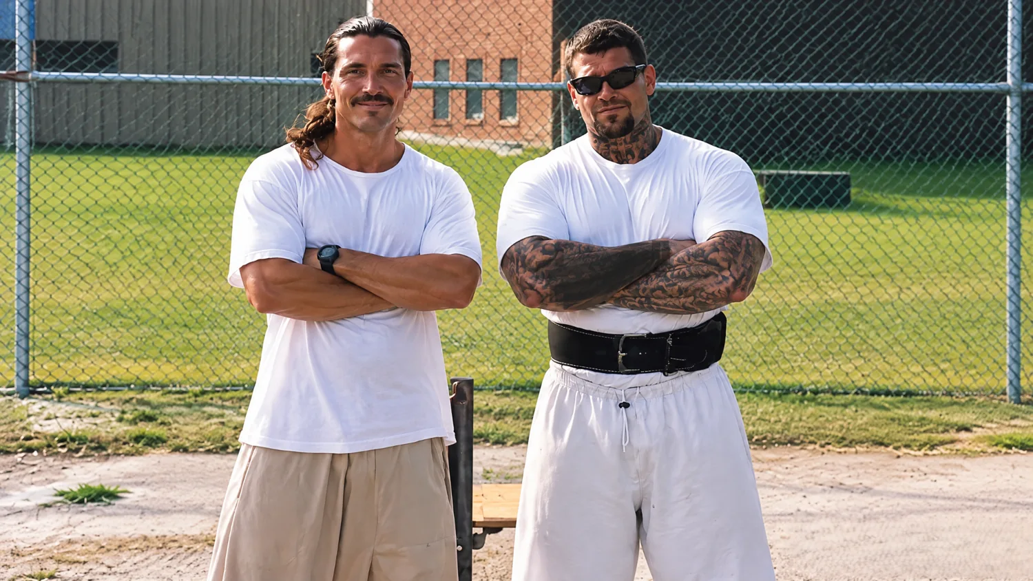 Two men standing together in a prison yard